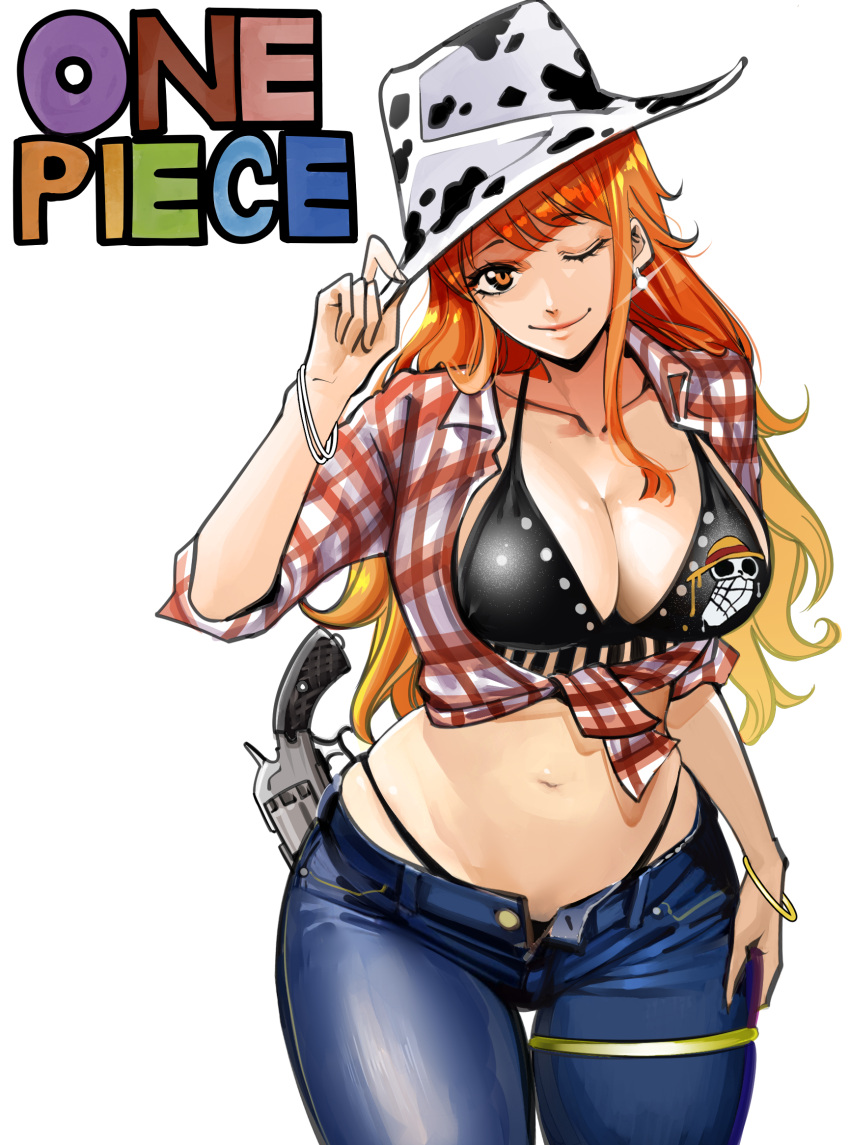 adjusting_clothes adjusting_headwear animal_print bangle bikini black_bikini blue_pants bracelet breasts checkered_clothes checkered_shirt cleavage closed_mouth collarbone collared_shirt copyright_name cow_print cowboy_hat cowboy_shot cowboy_western denim earrings english_commentary female glint gun halterneck hand_on_own_hip handgun hat highleg highleg_bikini highres holding holding_hat holding_unworn_clothes jeans jewelry jolly_roger large_breasts long_hair looking_at_viewer midriff nadainishi nami_(one_piece) navel one_eye_closed one_piece open_fly orange_eyes orange_hair pants pearl_earrings print_headwear shirt simple_background single_sidelock skindentation smile solo straw_hats_jolly_roger swimsuit tied_shirt wavy_hair weapon white_background