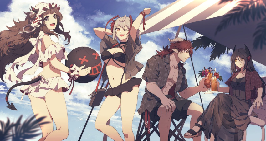 1boy 3girls arknights awning bikini black_dress black_shirt black_shorts blue_sky blurry blurry_foreground breasts brown_hair cloud commentary demon_girl demon_horns dress drink english_commentary feet_out_of_frame frilled_bikini frills grey_hair hoederer_(arknights) holding holding_drink horns ines_(arknights) large_breasts lari_lab long_hair multiple_girls muscular muscular_male one_eye_closed open_clothes open_shirt outdoors paprika_(arknights) plant pointy_ears red_hair sandals shirt short_hair shorts sky swimsuit swimsuit_cover-up w_(arknights) white_bikini