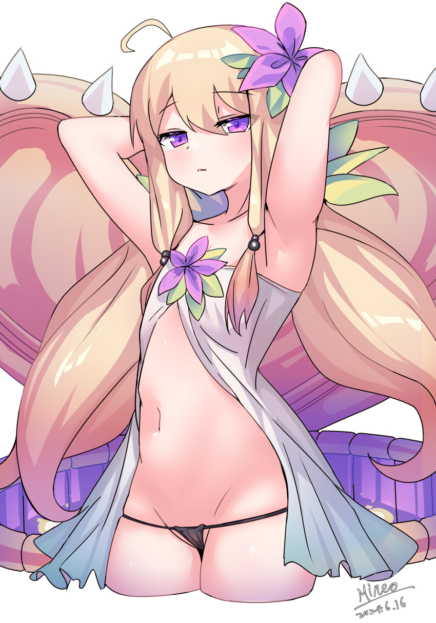 absurdres ahoge armpits arms_behind_head arms_up babydoll black_panties blonde_hair closed_mouth collarbone commentary_request cropped_legs damarinasai_(mineo) dated female flat_chest flower groin hair_between_eyes hair_flower hair_ornament highres long_hair looking_at_viewer low_twintails navel panties purple_eyes purple_flower signature simple_background solo traptrix_nepenthes twintails underwear very_long_hair white_background yu-gi-oh!