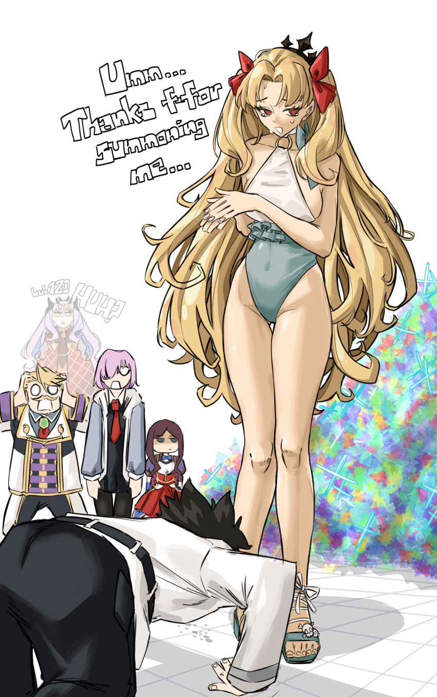 2boys 4girls black_tiara blonde_hair bowing curtained_hair ereshkigal_(fate) fate/grand_order fate_(series) frilled_one-piece_swimsuit frills fujimaru_ritsuka_(male) furauji goredolf_musik grey_one-piece_swimsuit highres ishtar_(fate) leonardo_da_vinci_(fate) leonardo_da_vinci_(rider)_(fate) mash_kyrielight multiple_boys multiple_girls o-ring o-ring_swimsuit one-piece_swimsuit space_ereshkigal_(fate) space_ereshkigal_(first_ascension)_(fate) space_ishtar_(fate) swimsuit tiara two-tone_one-piece_swimsuit two-tone_swimsuit two_side_up