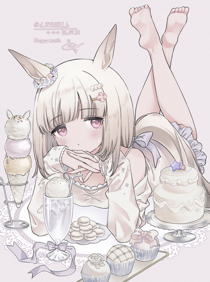 :o alternate_costume animal_ears barefoot blush breasts cake character_name cupcake dated doily dress ear_ornament female food full_body grey_dress grey_hair hair_ornament hairclip happy_meek_(umamusume) highres horse_ears horse_girl horse_tail ice_cream ice_cream_float interlocked_fingers long_hair long_sleeves looking_at_viewer lying macaron medium_hair on_stomach own_hands_together pink_background pink_eyes ryusei_(ryusei_b) sleeves_past_wrists small_breasts solo sundae tail the_pose toes twitter_username umamusume