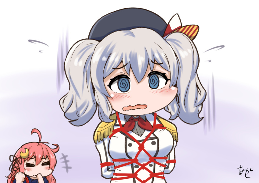 2girls @_@ akashieru arms_behind_back beret black_hat blue_eyes bondage crescent crescent_hair_ornament epaulettes giggling grey_hair hair_ornament hair_ribbon hat jacket kantai_collection kashima_(kancolle) military_jacket military_uniform multiple_girls neckerchief one-hour_drawing_challenge pink_hair red_neckerchief ribbon shibari_over_clothes solo_focus twintails uniform upper_body uzuki_(kancolle) wavy_hair