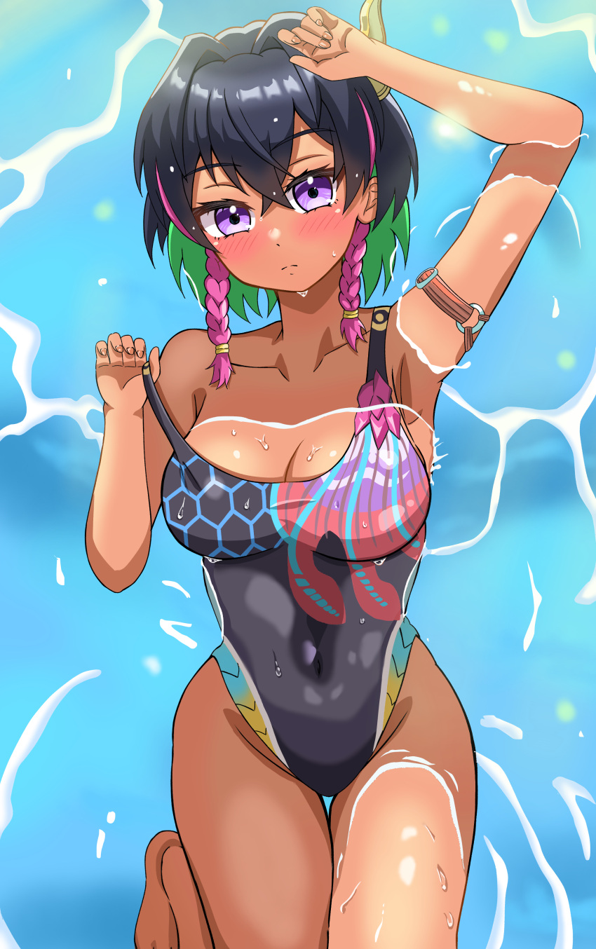 absurdres aogiri_shinobu black_hair black_one-piece_swimsuit blue_eyes braid breasts cleavage colored_inner_hair competition_swimsuit covered_navel duel_masters female from_above green_hair highres large_breasts multicolored_clothes multicolored_hair multicolored_swimsuit one-piece_swimsuit partially_translated pink_hair solo streaked_hair suke_(suke3513_pad) swimsuit translation_request twin_braids water