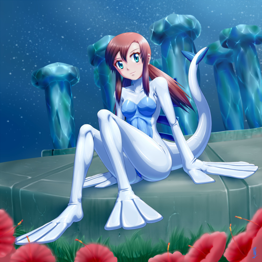 aozame_takao aqua_eyes blue_bodysuit bodysuit breasts cosplay fake_tail female field flower flower_field highres latex latex_bodysuit long_hair looking_at_viewer lugia lugia_(cosplay) medium_breasts melody_(pokemon) pillar pokemon pokemon_(anime) pokemon_(classic_anime) pokemon_the_movie_2000:_the_power_of_one shiny_clothes sitting skin_tight solo tail two-tone_bodysuit variant_set white_bodysuit