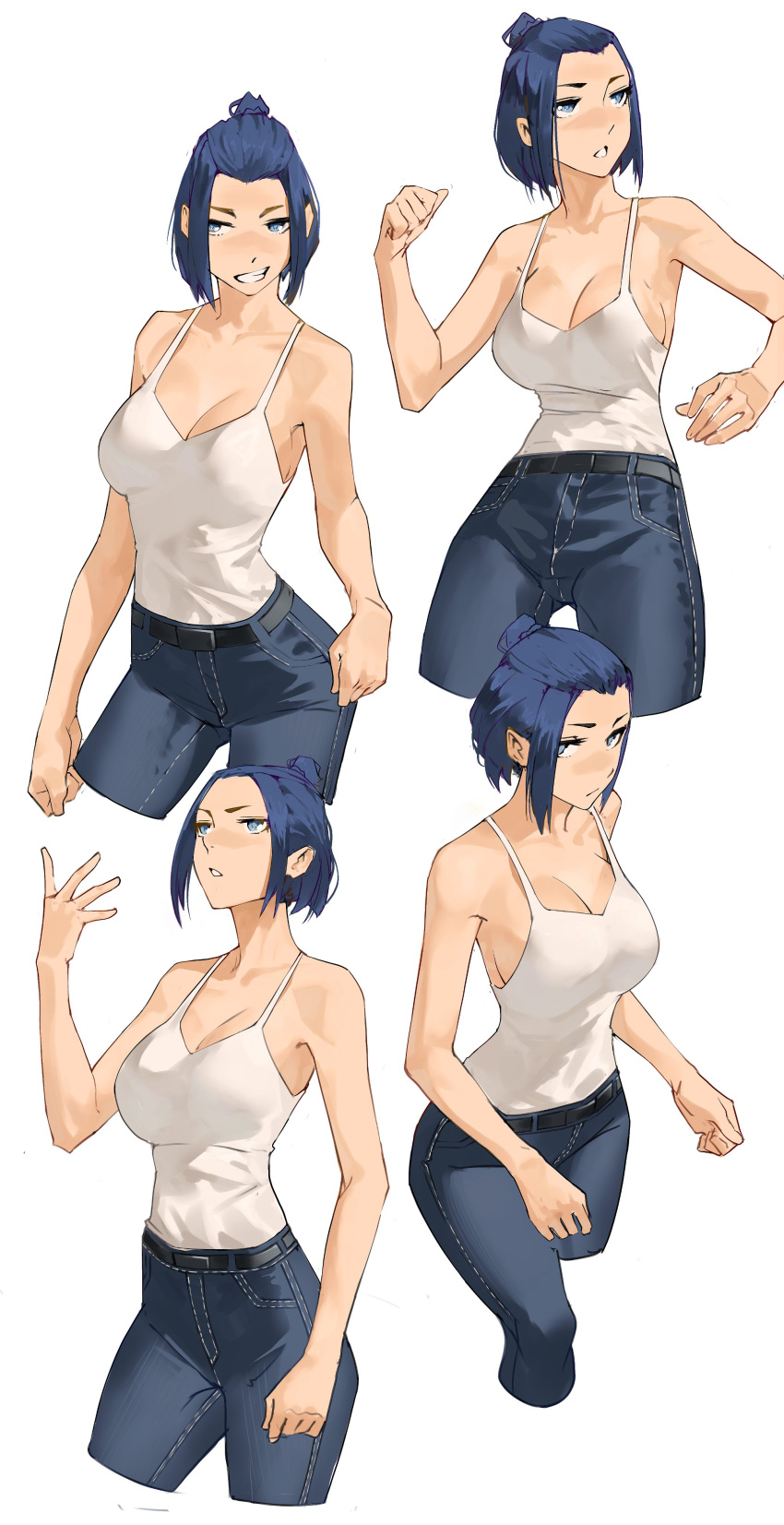 absurdres blue_eyes blue_hair breasts denim female highres jeans large_breasts no_bra original pants short_hair tagme tank_top tbocart topknot white_background white_tank_top