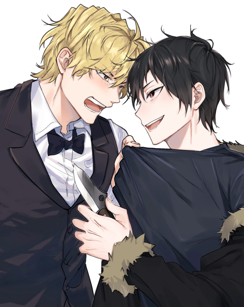 2boys angry black_bow black_bowtie black_hair black_shirt blonde_hair blush bow bowtie brown_eyes butler clothes_pull collared_shirt commentary durarara!! from_side fur-trimmed_jacket fur_trim hair_between_eyes heiwajima_shizuo highres holding holding_knife jacket knife ktattara male_focus multiple_boys open_mouth orihara_izaya profile red_eyes shirt shirt_pull short_hair smile symbol-only_commentary teeth upper_body white_background yaoi