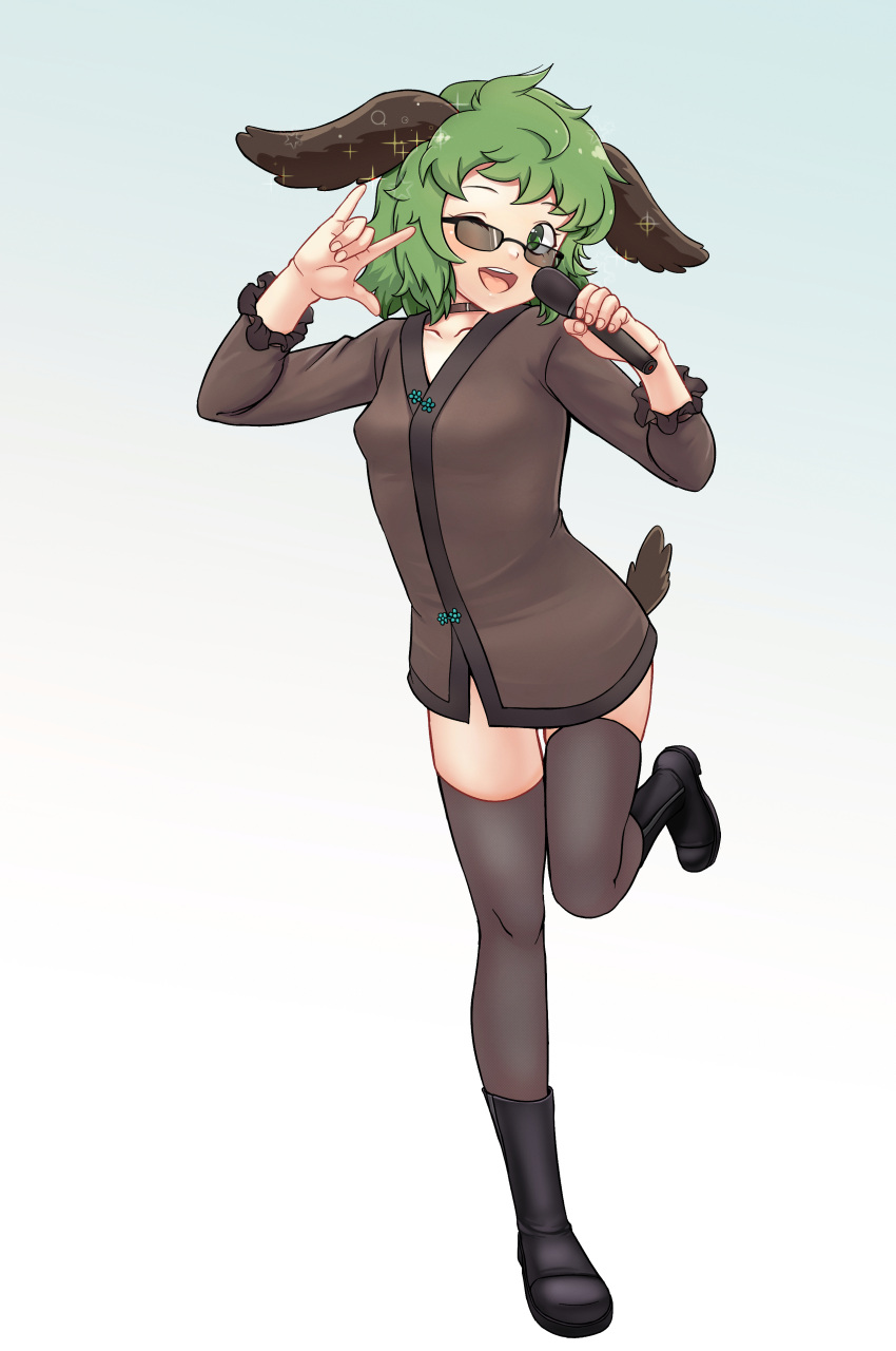 \m/ absurdres animal_ears big_mouse black_footwear boots breasts brown_dress brown_thighhighs commentary_request dog_ears dog_girl dog_tail dress female frilled_sleeves frills full_body gradient_background green_eyes green_hair grey_background highres holding holding_microphone kasodani_kyouko long_sleeves looking_at_viewer microphone one_eye_closed open_mouth seikan_hikou short_bangs short_dress short_hair small_breasts smile solo standing standing_on_one_leg tail teeth thighhighs tongue tongue_out touhou upper_teeth_only