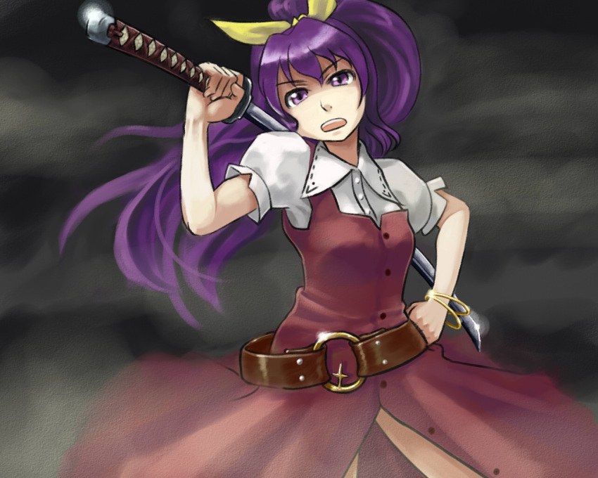 aka-kabuto_no_gema belt bow bracelet commentary_request female hairbow hand_on_own_hip high_ponytail jewelry katana long_hair over_shoulder ponytail purple_eyes purple_hair solo sword sword_over_shoulder touhou watatsuki_no_yorihime weapon weapon_over_shoulder