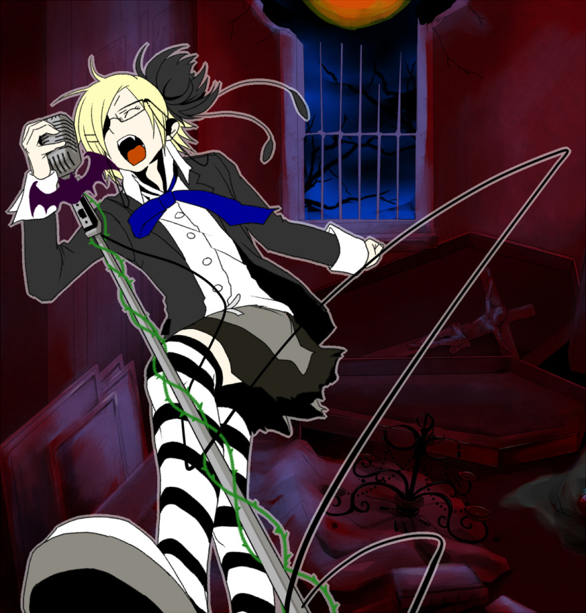 bad_id bad_pixiv_id bespectacled blonde_hair closed_eyes coffin fangs female glare_(vocaloid) glasses highres kagamine_rin microphone microphone_stand open_mouth ribbon sabuibo_maru short_hair solo striped_clothes striped_thighhighs thighhighs vampire vocaloid zettai_ryouiki