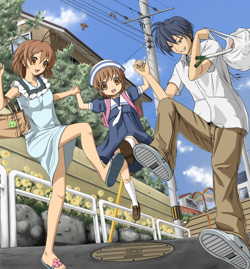 1boy 3girls anpanman anpanman_(character) antenna_hair bag bird blue_eyes blue_hair brown_eyes brown_hair clannad commentary_request dango_daikazoku dress from_below furukawa_nagisa hat highres holding_hands ibuki_fuuko lolicon multiple_girls okazaki_tomoya okazaki_ushio outdoors power_lines road sailor_dress school_uniform shokupanman short_hair spring_onion street taono_kinoko traffic_mirror vanishing_point walking