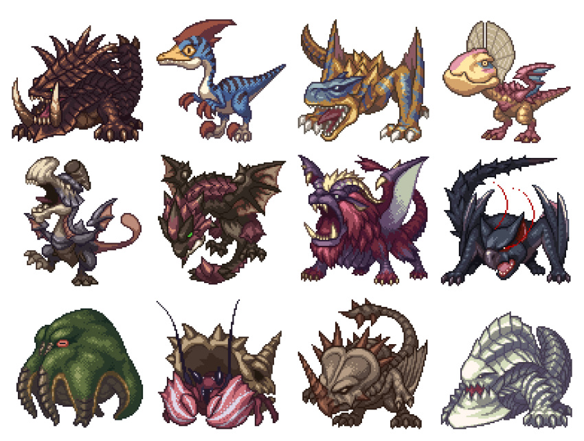 akantor commentary_request crab daimyo_hermitaur dragon gypceros monoblos monster monster_hunter_(series) nargacuga no_humans photoshop_(medium) pixel_art rathalos takekawa_shin teostra tigrex ukanlos velocidrome wyvern yama_tsukami yian_kut-ku