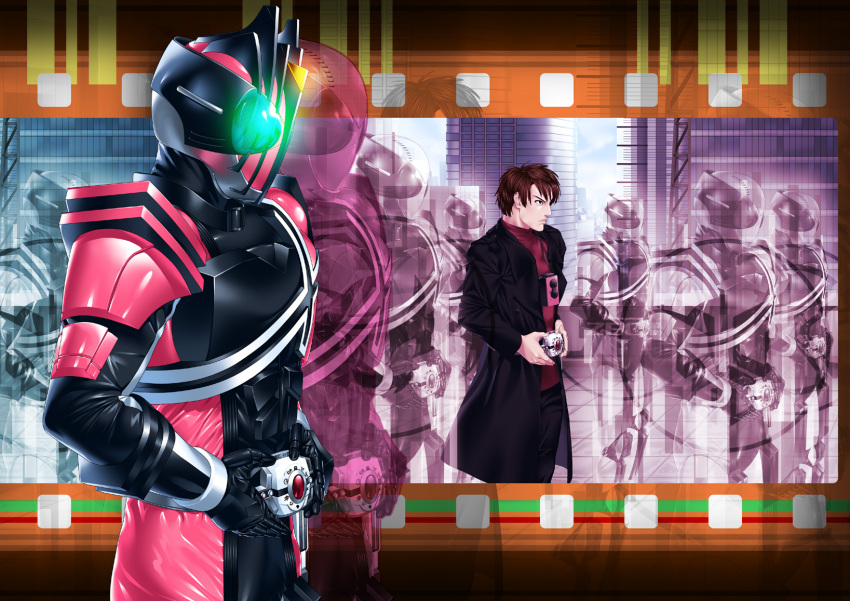 1boy belt camera commentary_request decadriver glowing henshin highres kadoya_tsukasa kamen_rider kamen_rider_dcd kamen_rider_decade male_focus suzume_inui twin-lens_reflex_camera