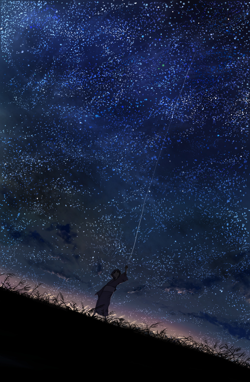 absurdres arm_at_side arm_up black_hair commentary_request dutch_angle female fuki_(mushishi) grass highres japanese_clothes kimono mushishi night night_sky obi sash short_hair sky solo standing star_(sky) starry_sky string yatsude