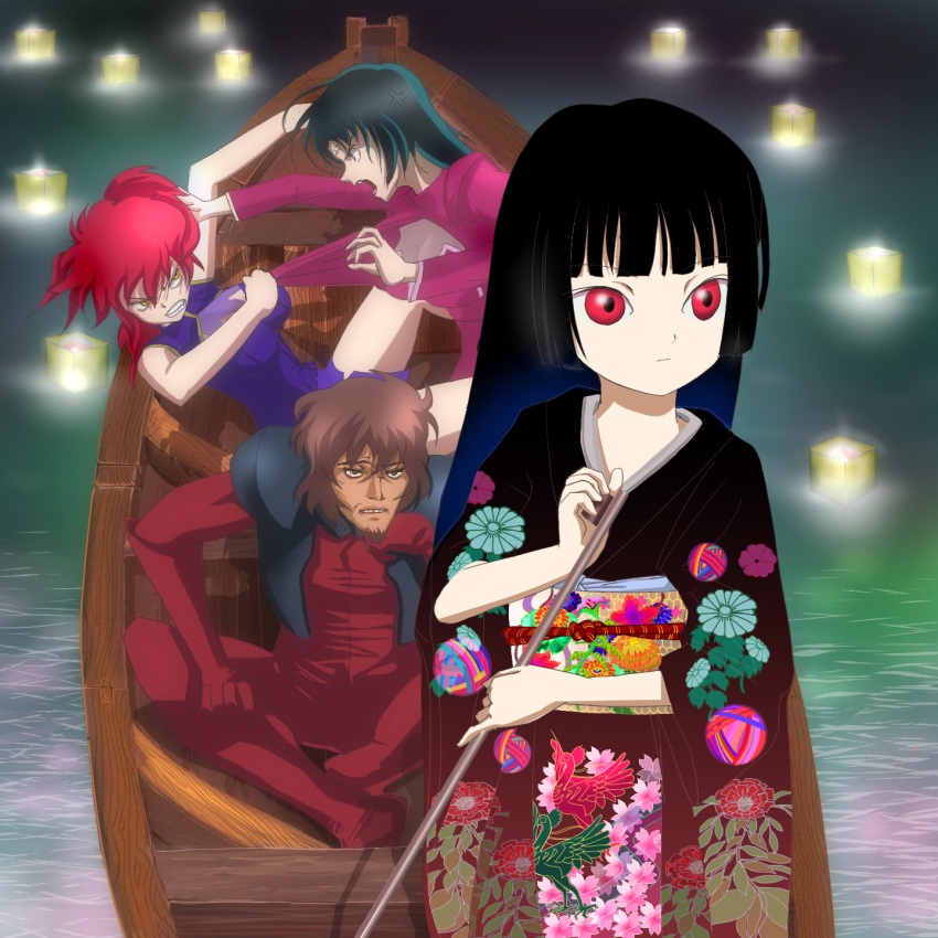 1boy 3girls ali_al-saachez angry black_hair black_kimono blunt_bangs boat breasts candle catfight cleavage clothes_pull commentary_request enma_ai flower good_end grabbing_another's_hair gundam gundam_00 highres hime_cut japanese_clothes jigoku_shoujo kimono lantern lantern_on_liquid large_breasts long_hair moheji multiple_girls nena_trinity paper_lantern parody red_eyes red_hair sanzu_river shirt_pull side_ponytail wang_liu_mei water watercraft yellow_eyes