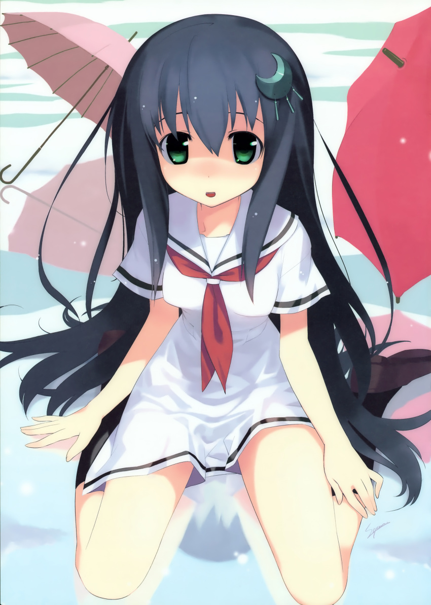 absurdres amesarasa black_hair chiyokawa_rin dress female green_eyes hair_ornament highres long_hair sailor_dress sitting solo sumaki_shungo umbrella wariza