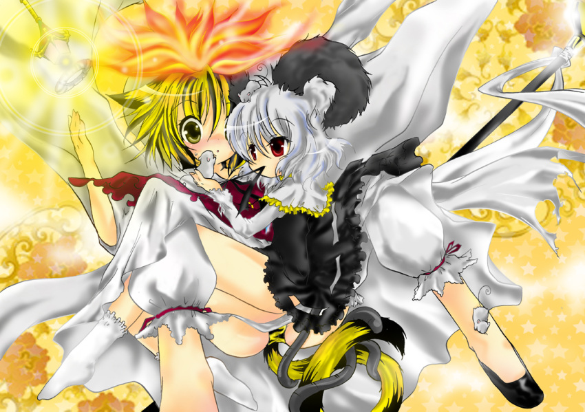 2girls animal_ears bishamonten's_pagoda bishamonten's_spear blonde_hair commentary_request grey_hair hair_ornament ichigo_(strawberry) kemonomimi_mode mouse_(animal) mouse_ears mouse_tail multicolored_hair multiple_girls nazrin panties polearm red_eyes shawl short_hair spear tail tiger_ears tiger_tail toramaru_shou touhou underwear weapon yellow_eyes