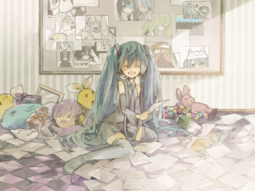 animal_hat aqua_hair bad_id bad_pixiv_id birthday black_rock_shooter black_rock_shooter_(character) cameo detached_sleeves female fox_mask hat hatsune_miku hatsune_miku_(roshin_yuukai/nitamagomix) headphones headset hello_planet_(vocaloid) izumi_konata kurai_mori_no_circus_(vocaloid) kurokona letter lol_-lots_of_laugh-_(vocaloid) long_hair lucky_star mask megurine_luka musunde_hiraite_rasetsu_to_mukuro_(vocaloid) necktie poppippoo_(vocaloid) roshin_yuukai_(vocaloid) saihate_(vocaloid) sitting skirt smile solo songover soto stuffed_animal stuffed_toy takoluka thighhighs toeto_(vocaloid) twintails v very_long_hair vocaloid vocaran_sagi_(vocaloid) zettai_ryouiki