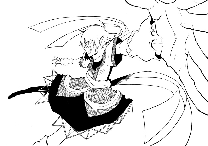 action arm_warmers commentary_request female foreshortening greyscale grin highres karu_(ishiken) millipen_(medium) mizuhashi_parsee monochrome nib_pen_(medium) pointy_ears profile ribbon skirt smile solo touhou traditional_media