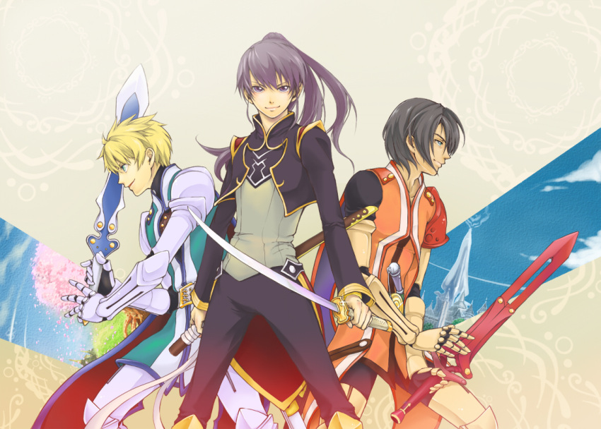 3boys alternate_costume armor bad_id bad_pixiv_id black_eyes black_hair blonde_hair blue_eyes commentary_request flynn_scifo kanami_(dec-02) male_focus multiple_boys official_alternate_costume ponytail schwann_oltorain smile spoilers surcoat sword tales_of_(series) tales_of_vesperia weapon yuri_lowell yuri_lowell_(true_knight)