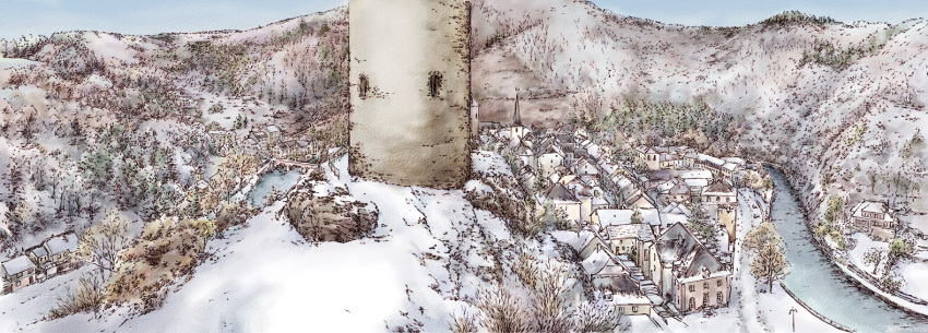 bad_id bad_pixiv_id bridge copyright_request forest harada_midori landscape nature no_humans outdoors photoshop_(medium) real_world_location river scenery snow snowscape tower town