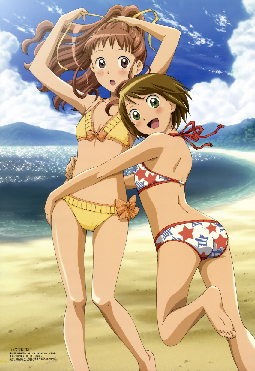 2girls :d absurdres akeno_mihoshi ass barefoot beach bikini blush bow day feet flat_chest hara_yumiko highres hug leg_up legs long_hair looking_back makita_hime megami_magazine multiple_girls official_art open_mouth outdoors polka_dot polka_dot_bow ponytail short_hair smile sora_no_manimani standing swimsuit