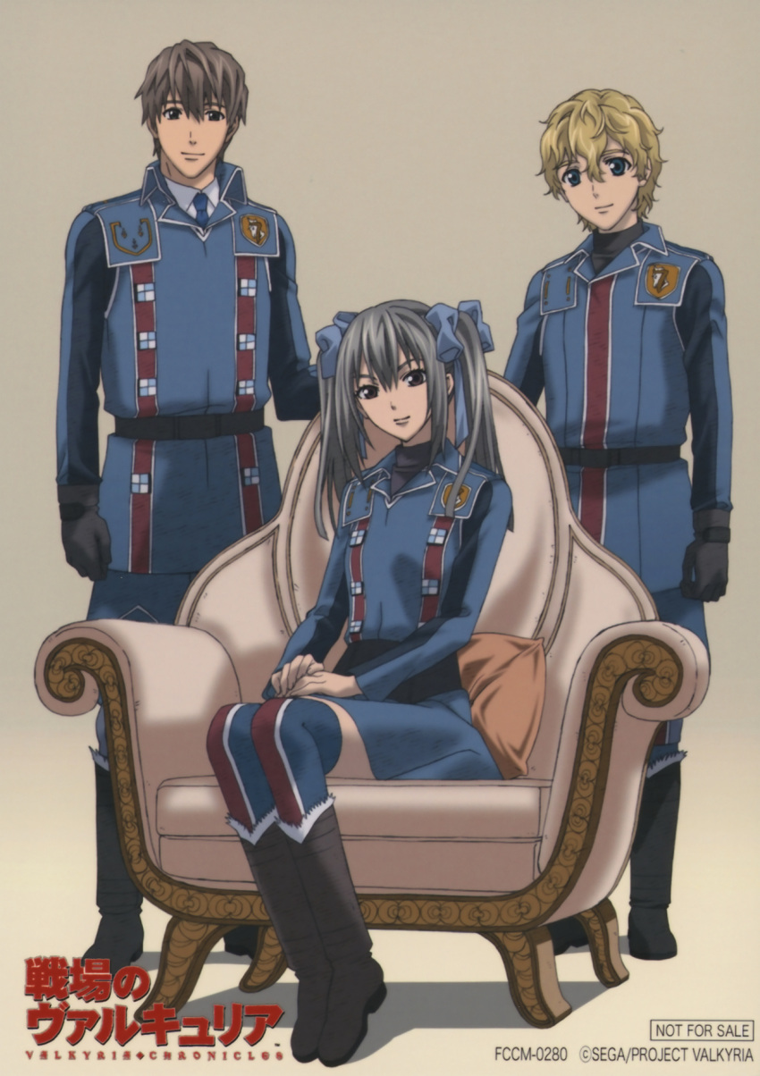 2boys artist_request chair edy_nelson female highres homer_peron military military_uniform multiple_boys photoshop_(medium) scan senjou_no_valkyria_(series) senjou_no_valkyria_1 sitting twintails uniform welkin_gunther