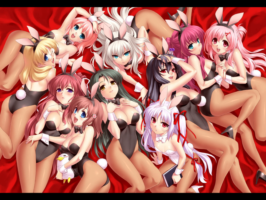 11eyes 6+girls animal_ears ass azuma_shione bird black_hair blonde_hair blue_eyes blush book breast_suppress breasts brown_hair choker cleavage flat_chest glasses high_heels highres hirohana_yukiko kouno_mio kuroshiba_kanae kusakabe_misuzu large_breasts letterboxed lisette_vertorre long_hair lying medium_breasts minase_yuka momose_shiori multiple_girls natsuki_kaori pantyhose penguin photoshop_(medium) pink_hair playboy_bunny purple_eyes rabbit_ears rabbit_tail red_eyes red_hair ribbon shoes short_hair stuffed_animal stuffed_toy tail tajima_takahisa white_hair yellow_eyes zen_(kamuro)