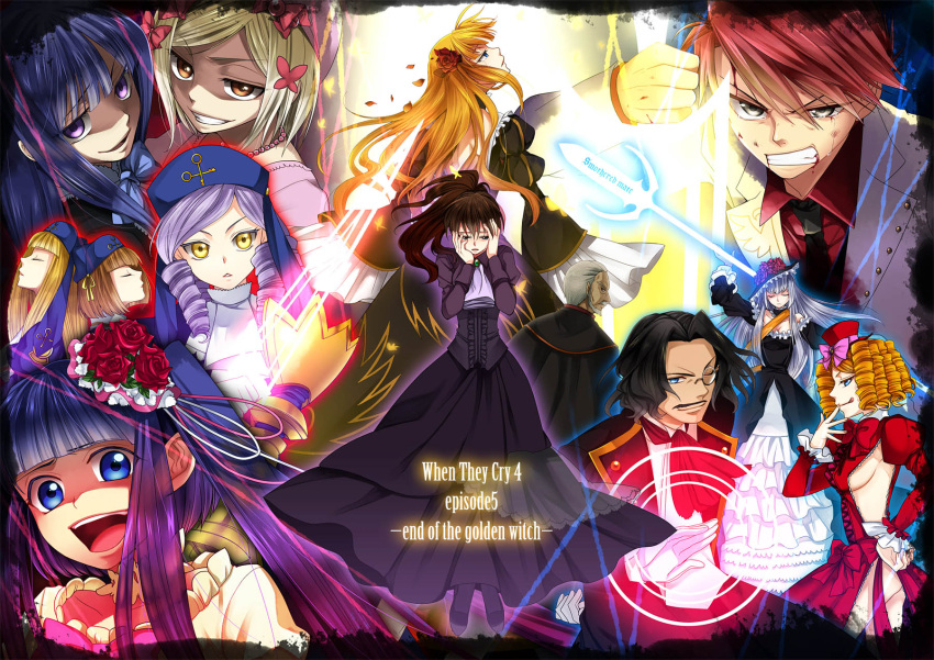 4boys 6+girls beatrice_(umineko) blonde_hair blue_eyes blue_hair blunt_bangs bow breasts brown_hair bug butterfly choker closed_eyes commentary_request cornelia_(umineko) dlanor_a._knox dress drill_hair eiserne_jungfrau end_of_the_golden_witch facial_hair flower formal frederica_bernkastel frills furudo_erika gaap_(umineko) gauntlets gertrude_(umineko) grey_hair hair_ornament hat highres hime_cut jacket jpeg_artifacts lambdadelta large_breasts light_purple_hair long_hair medium_breasts mini_hat mini_top_hat monocle moustache multiple_boys multiple_girls necktie photoshop_(medium) polearm red_hair ribbon ringlets ronove_(umineko) rose sideboob smile spear suit sword tears top_hat umineko_no_naku_koro_ni ushiromiya_battler ushiromiya_kinzou ushiromiya_natsuhi virgilia_(umineko) weapon yellow_eyes yodobashi_yuo