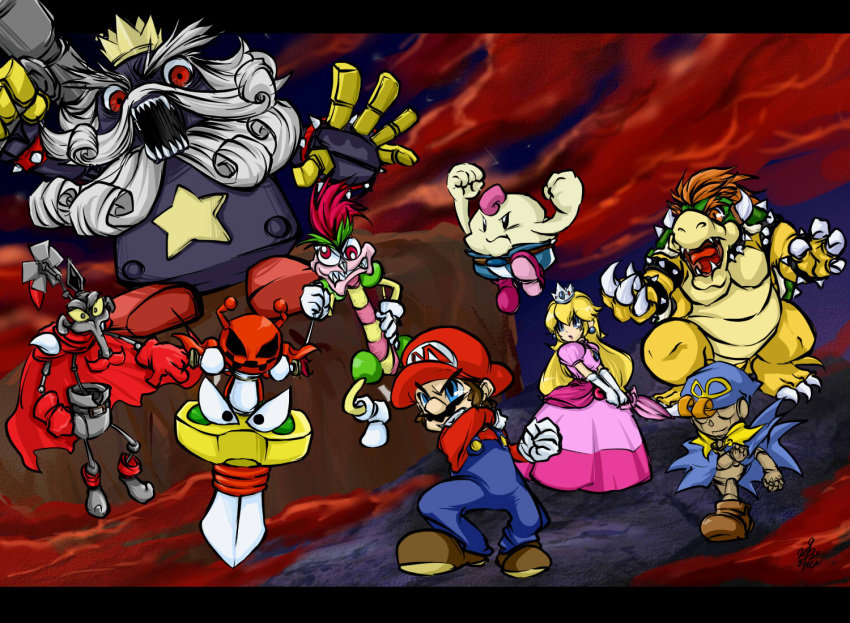 1boy bad_id bad_pixiv_id beard bowser bowyer crown facial_hair female geno_(mario) hammer hat mack mallow_(mario) mario mario_(series) moustache opposing_sides parasol piu princess_peach sharp_teeth smithy star_(symbol) super_mario_rpg teeth umbrella yaridovich