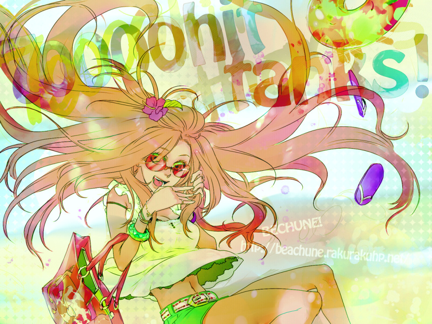 bad_id bad_pixiv_id bag bracelet female flower hair_flower hair_ornament handbag innertube jewelry long_hair midriff milestone_celebration orange_hair original sandals shorts smile solo sunglasses swim_ring tan yoruai