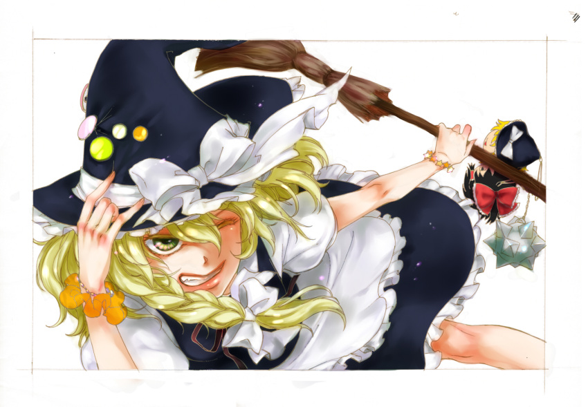 bad_id bad_pixiv_id blonde_hair braid broom female hand_on_headwear hat kirisame_marisa one_eye_closed solo touhou witch_hat yellow_eyes yoruai