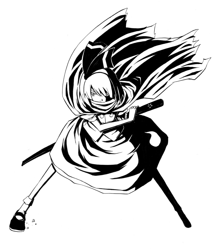 cape commentary_request female greyscale hairband highres karu_(ishiken) katana konpaku_youmu millipen_(medium) monochrome nib_pen_(medium) shadow skirt solo sword touhou traditional_media weapon