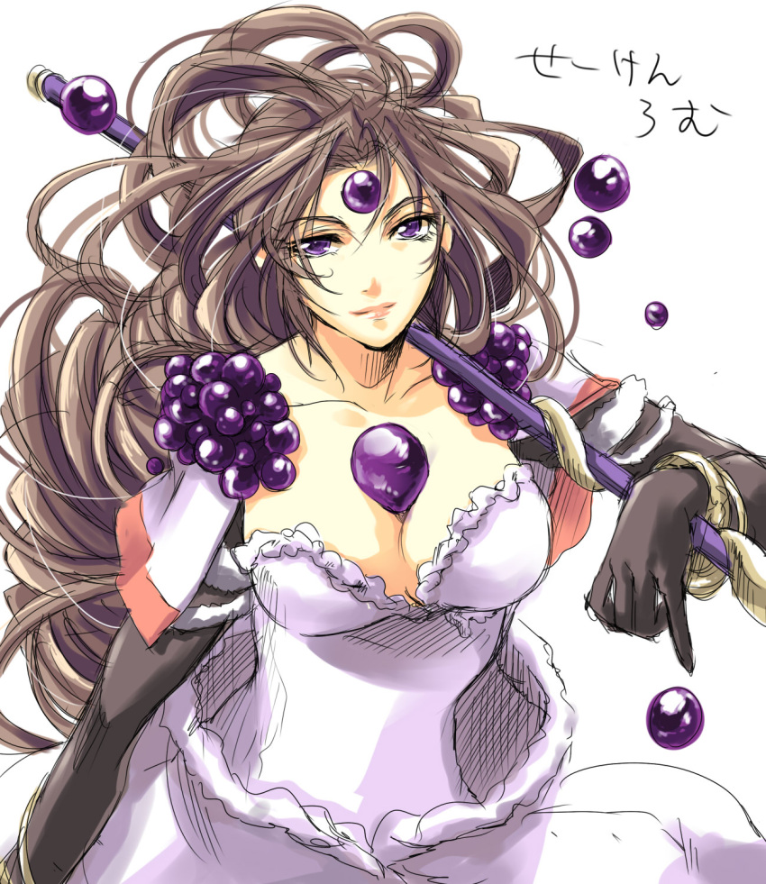 blackpearl breasts brown_hair cleavage commentary_request dress elbow_gloves female flieger gloves highres large_breasts legend_of_mana long_hair purple_eyes seiken_densetsu solo weapon