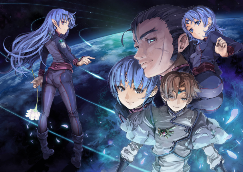 2boys 3girls aqua_eyes ass belt black_hair blue_eyes blue_hair bodysuit boots brooch brown_hair circlet commentary_request earth_(planet) ekuryua everyone floating_hair flower from_behind gem gloves glowing jewelry jinto lafiel long_hair looking_back lying meteor military military_uniform multiple_boys multiple_girls on_side parted_bangs petals photoshop_(medium) planet pointing pointy_ears samson_bolge_tilsal_tiluse scar science_fiction seikai_no_senki short_hair sideburns skin_tight smile sobaash_weh_dowl_yuse space standing uniform very_long_hair yuugen