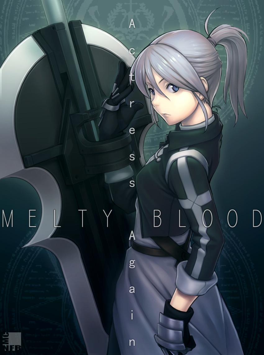 blue_eyes commentary_request female gloves grey_hair highres huge_weapon lips looking_back melty_blood nfb-zmc nose pile_bunker ponytail riesbyfe_stridberg shield solo true_apocrypha tsukihime weapon