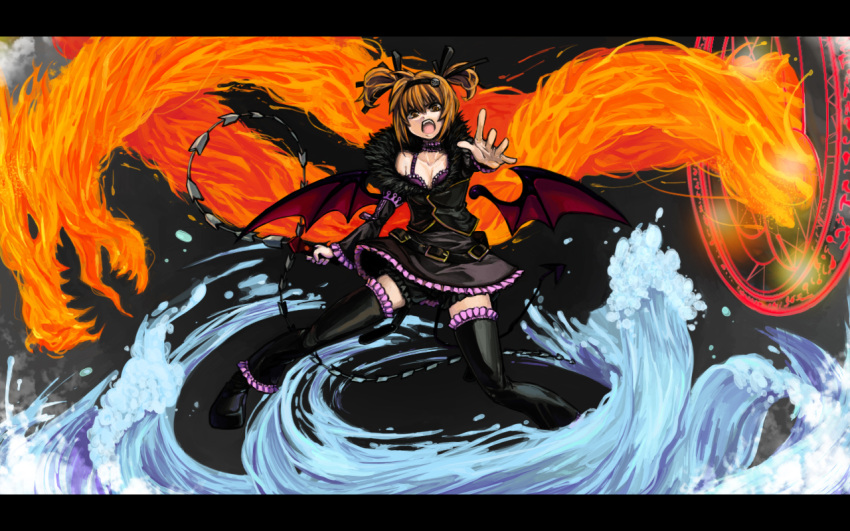 alternate_costume angry bad_id bad_pixiv_id bat_wings belt black_thighhighs brown_hair choker demon_tail female fire hands headband official_alternate_costume open_mouth photoshop_(medium) rita_mordio rita_mordio_(miska_doctoral_degree) short_hair shorts skirt solo t_(ttkxxx) tail tales_of_(series) tales_of_vesperia thighhighs water whip wings