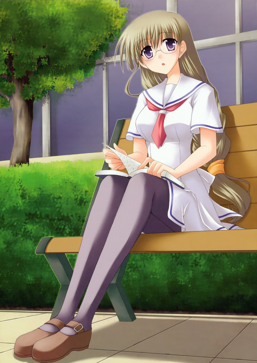 absurdres amesarasa bench blush book brown_hair bush female fujinomori_hanaka glasses highres long_hair mary_janes miyabi_juri open_mouth pantyhose purple_eyes school_uniform shoes sitting solo tree very_long_hair window