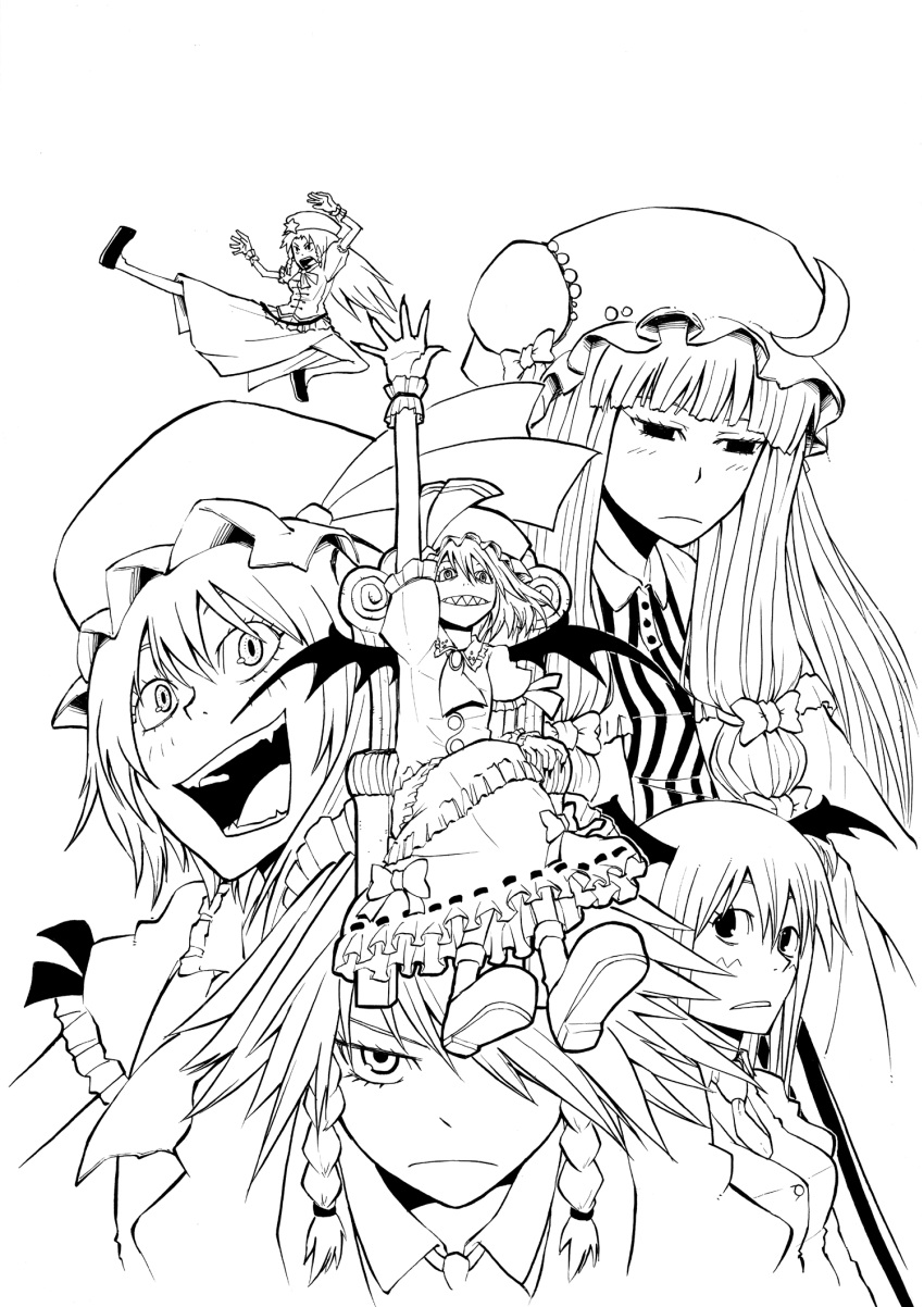 6+girls bat_wings braid commentary_request flandre_scarlet flying_kick greyscale hair_over_one_eye hat head_wings highres hong_meiling izayoi_sakuya karu_(ishiken) kicking koakuma millipen_(medium) monochrome multiple_girls nib_pen_(medium) patchouli_knowledge remilia_scarlet sharp_teeth teeth touhou traditional_media twin_braids wings