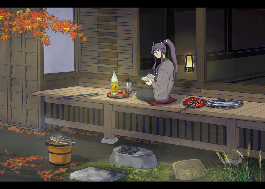 1boy alcohol autumn_leaves blue_eyes book bottle fish grill hair_ribbon hand_fan highres kamui_gakupo katagiri lamp leaf letterboxed long_hair looking_back male_focus paper_fan ponytail purple_hair reading ribbon scenery seiza shichirin sitting smile solo uchiwa veranda vocaloid wide_shot