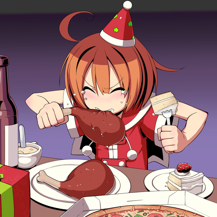 bad_id bad_pixiv_id blush boned_meat bottomless box cake capelet clenched_teeth closed_eyes cup eating female food fork fruit gift gift_box gradient_background hat highres holding holding_food holding_fork meat medic_(sekaiju) medic_2_(sekaiju) orange_hair party_hat pizza pizza_box plate pom_pom_(clothes) santa_costume santa_hat sekaiju_no_meikyuu sekaiju_no_meikyuu_1 short_hair short_sleeves solo soup strawberry table takeda_yukimura tears teeth