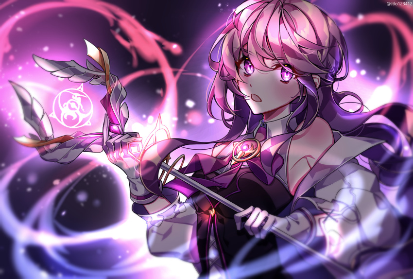 aether_sage_(elsword) aisha_landar armpits aura bad_id bad_pixiv_id bare_shoulders elsword female highres holding holding_weapon jtlo123412 looking_at_viewer magic_circle open_mouth purple_eyes purple_hair solo staff symbol upper_body weapon wings