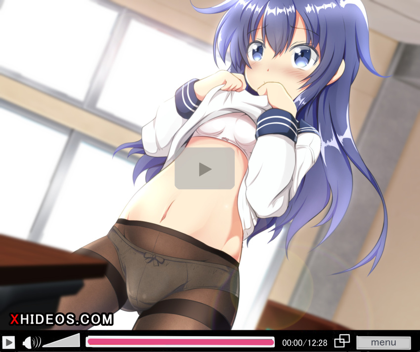 akatsuki_(kancolle) ass_visible_through_thighs blue_eyes blue_sailor_collar blurry blurry_background blush bow bow_bra bow_panties bra brand_name_imitation breasts brown_pantyhose closed_mouth clothes_lift commentary day depth_of_field dutch_angle fake_play_button fake_video female hair_between_eyes hands_up highres indoors kantai_collection lens_flare lifting_own_clothes long_hair long_sleeves navel no_headwear no_pants panties panties_under_pantyhose pantyhose purple_hair sailor_collar school_uniform serafuku shirt shirt_lift small_breasts solo standing sunlight tamayan thighband_pantyhose timestamp training_bra underwear very_long_hair white_bra white_panties white_shirt window x-videos