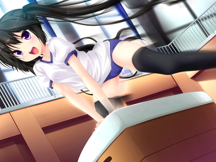 arm_support black_hair black_legwear black_thighhighs blush buruma female female game_cg gym_uniform long_hair luna_lia mecha_con! open_mouth purple_eyes shirt short_sleeves solo t-shirt thighhighs twintails yatake_tsubaki