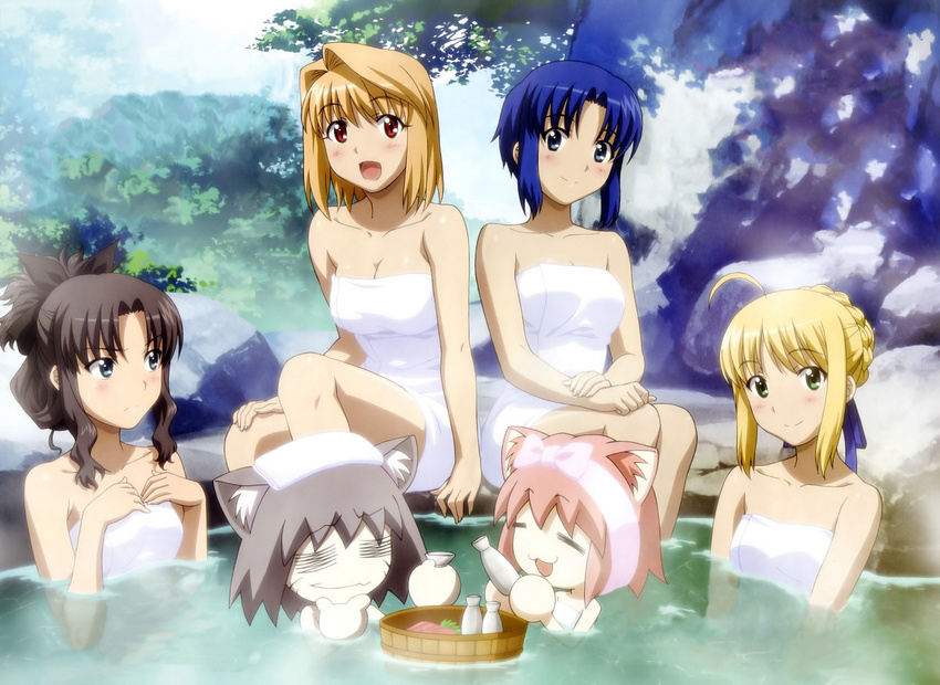 ahoge arcueid_brunestud bare_shoulders black_hair blonde_hair carnival_phantasm ciel fate/stay_night green_eyes high_res kemonomimi magazine_scan melty_blood naked_towel neko_arc neko_arc_chaos neko_chaos nekomimi red_eyes saber short_hair sion_eltnam_atlasia tagme tohsaka_rin towel tsukihime type-moon