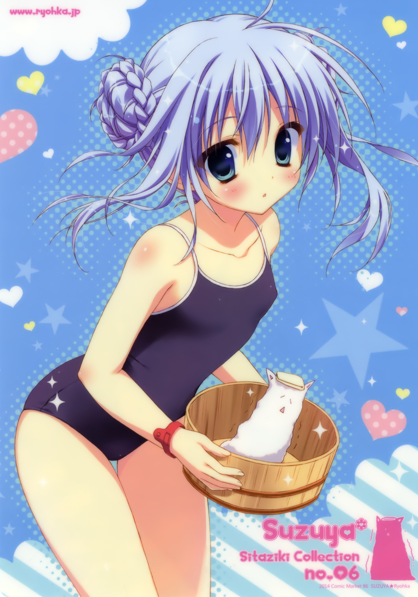 2014 absurdres alternate_hairstyle artist_name blue_background blue_eyes blue_hair blush bucket circle_name collarbone comiket_86 competition_school_swimsuit double_bun female gochuumon_wa_usagi_desu_ka? hair_bun hair_up halftone heart highres holding kafuu_chino one-piece_swimsuit ryouka_(suzuya) school_swimsuit sparkle star_(symbol) swimsuit thigh_gap tippy_(gochiusa) watermark web_address wet wristband