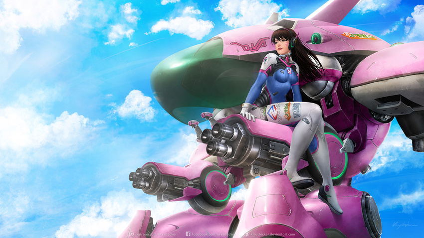 blue_sky bodysuit brown_hair cannon d.va d.va_(overwatch) female hana_song headphones krysdecker long_hair mecha overwatch sitting sky solo