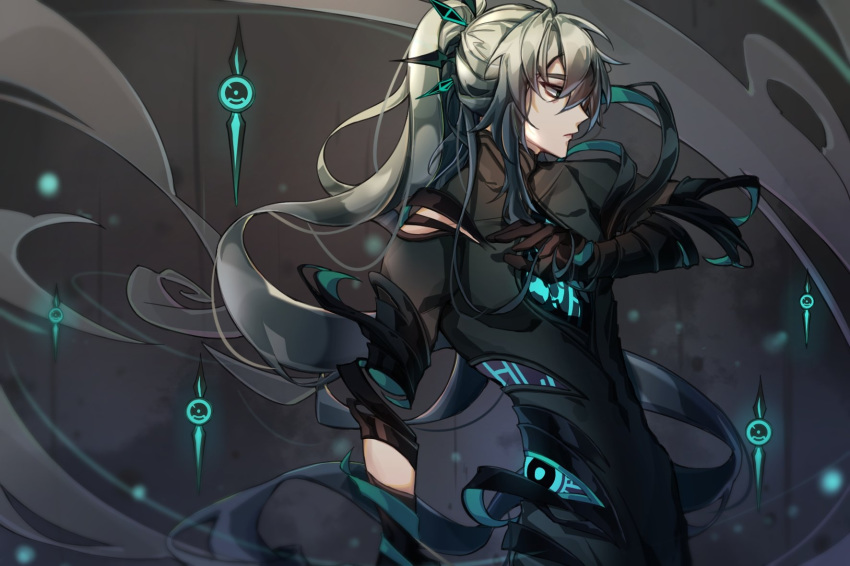 1boy ainchase_ishmael aqua_eyes bad_id bad_pixiv_id black_coat black_gloves blurry coat corruption dark_persona depth_of_field detached_arm elsword expressionless floating floating_object gloves grey_hair hair_ornament herrscher_(elsword) high_ponytail highres jtlo123412 long_hair male_focus multicolored_hair ponytail profile sidelocks solo torn_clothes