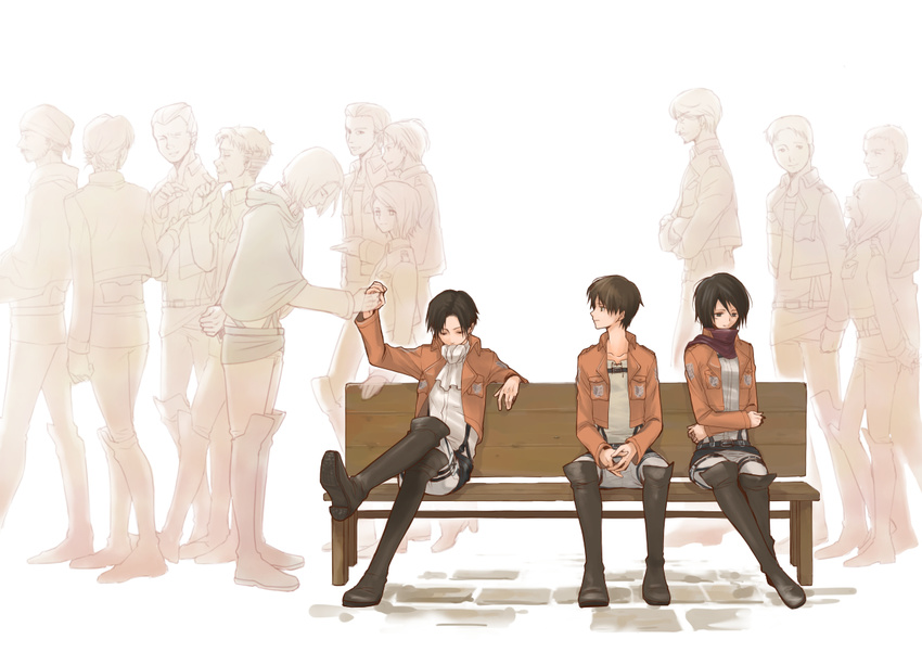 3girls 6+boys ascot auruo_bossard bad_id bad_pixiv_id bench black_hair boots brown_hair character_request cis_(shingeki_no_kyojin) emblem erd_gin eren_yeager gerger gunter_shulz handshake jacket levi_(shingeki_no_kyojin) long_hair marco_bott mikasa_ackerman mike_zakarius mina_carolina multiple_boys multiple_girls nanaba ness_(shingeki_no_kyojin) open_mouth paradis_military_uniform petra_ral scarf shingeki_no_kyojin shirano_(hiromaxi729) short_hair sitting smile spoilers thigh_strap