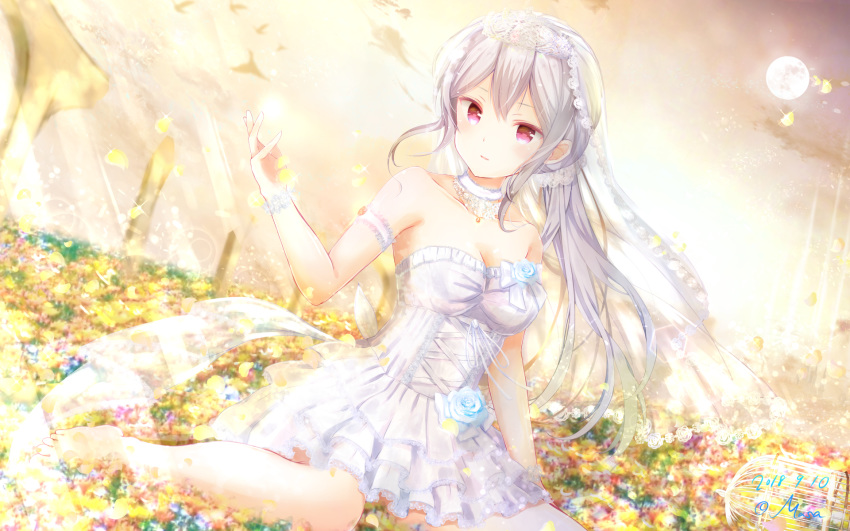 arm_strap artist_name bare_legs bare_shoulders barefoot birdcage blush breasts bridal_veil bride cage choker cleavage closed_mouth collarbone commentary_request cross-laced_clothes dated dress female field flower flower_field full_moon girlfriend_(kari) hand_up highres jewelry light_particles light_rays long_hair looking_at_viewer masa_(mirage77) medium_breasts moon necklace outdoors partial_commentary petals pink_eyes rose shigeto_akiho sitting solo strapless strapless_dress sunbeam sunlight veil wedding_dress white_choker white_dress white_flower white_hair white_rose