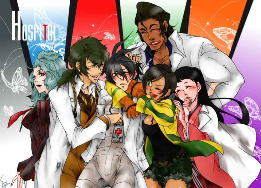 3boys 3girls bad_id bad_pixiv_id black_hair blush brown_hair bug butterfly chou_shittou_caduceus closed_eyes cr-s01 denim denim_shorts doctor gabriel_cunningham gloves goggles goggles_around_neck green_eyes green_hair hank_freebird hospital_rokunin_no_ishi japanese_clothes jewelry kimono lab_coat long_hair maria_torres mira_kimishima multiple_boys multiple_girls one_eye_closed ponytail red_eyes seno_angelina short_hair shorts stethoscope tomoe_tachibana white_hair